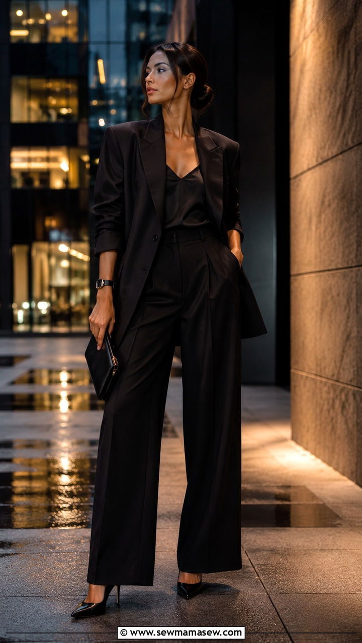 Black Wide Leg Pants with Oversized Blazer and Stiletto Heels - 25 Wide leg black pants outfit ideas with heels