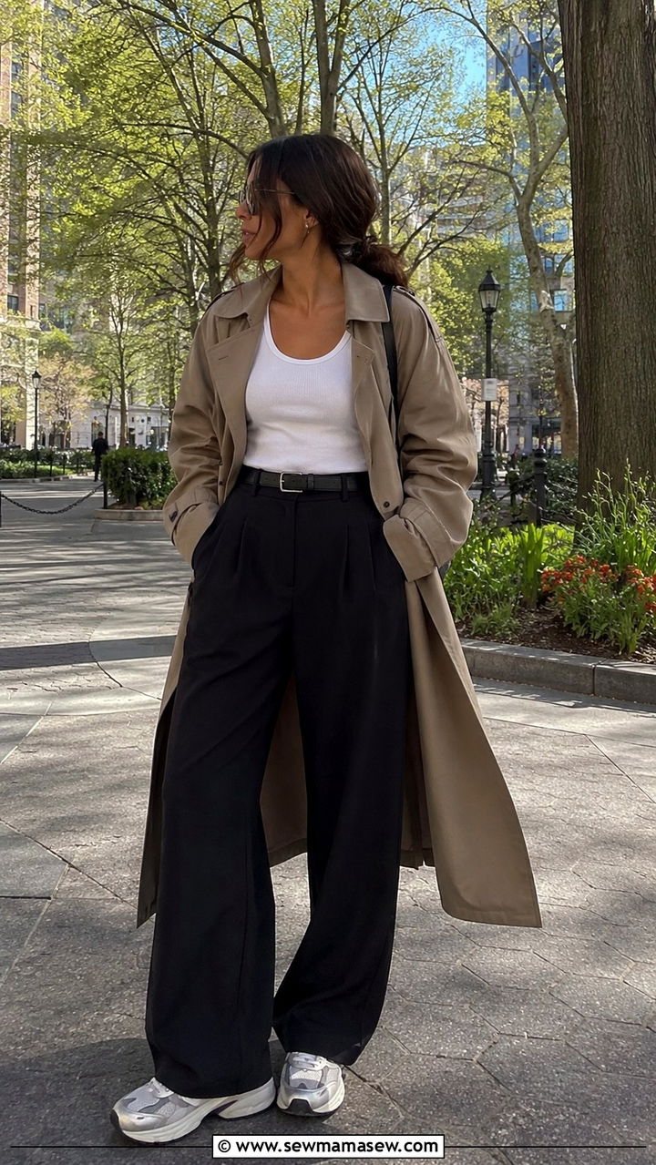 Black Wide Leg Pants with Oversized Trench Coat and Chunky Sneakers - 25 Wide leg black pants outfit ideas with a trench coat