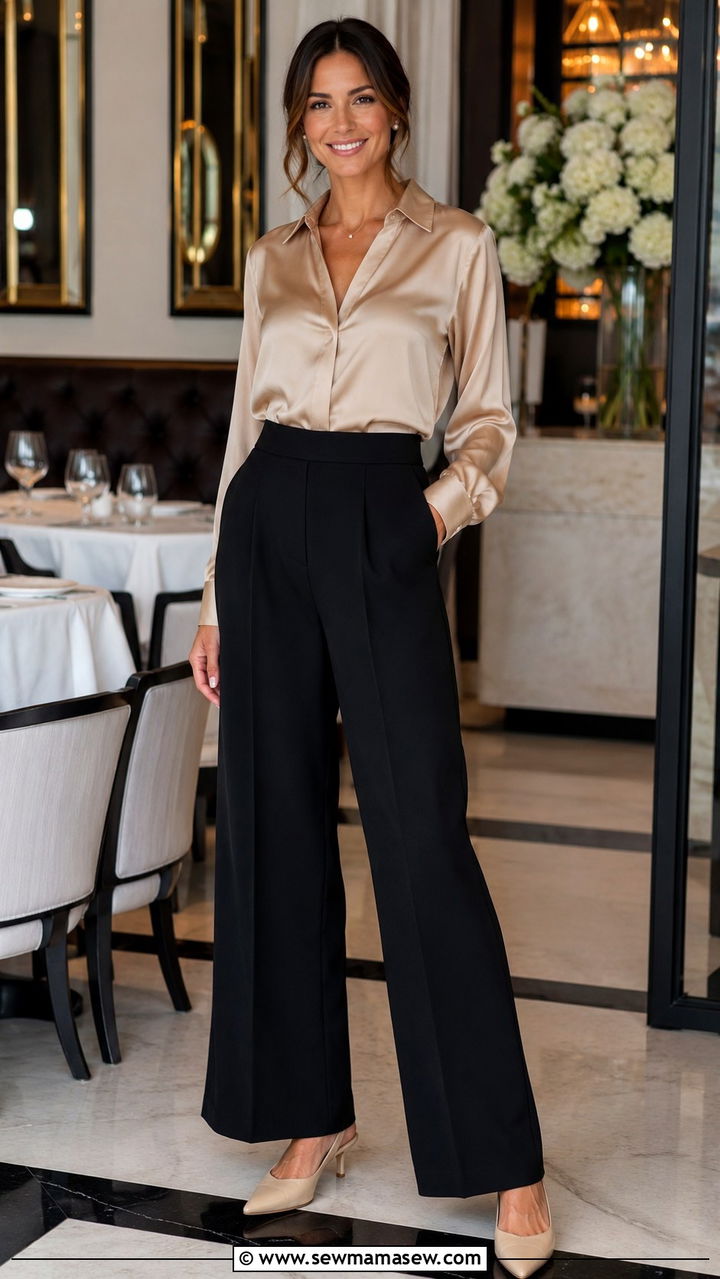 Black Wide Leg Pants with Satin Blouse and Slingback Heels - 25 Wide leg black pants outfit ideas with heels