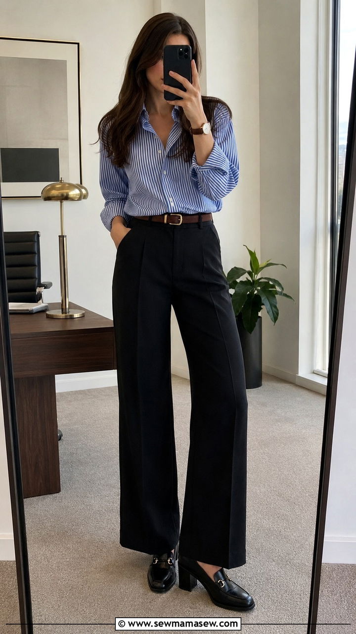 Black Wide Leg Pants with Striped Button Down Shirt and Heeled Loafers - 25 Wide leg black pants outfit ideas with heels