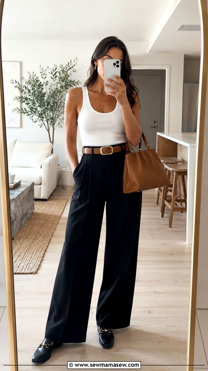 Black Wide Leg Pants with Tank and Statement Belt - 25 Wide leg black pants outfit ideas with a tank top