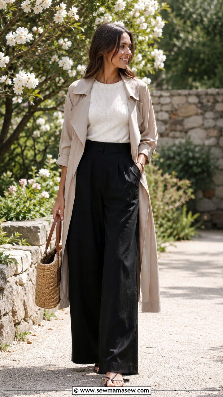 Black Wide Leg Pants with Trench Coat Spring Outfit - 25 Wide leg black pants outfit ideas with a trench coat