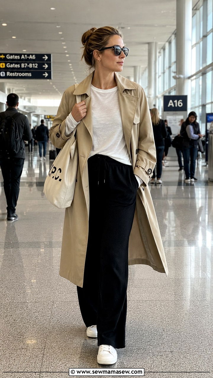 Black Wide Leg Pants with Trench Coat Travel Outfit - 25 Wide leg black pants outfit ideas with a trench coat
