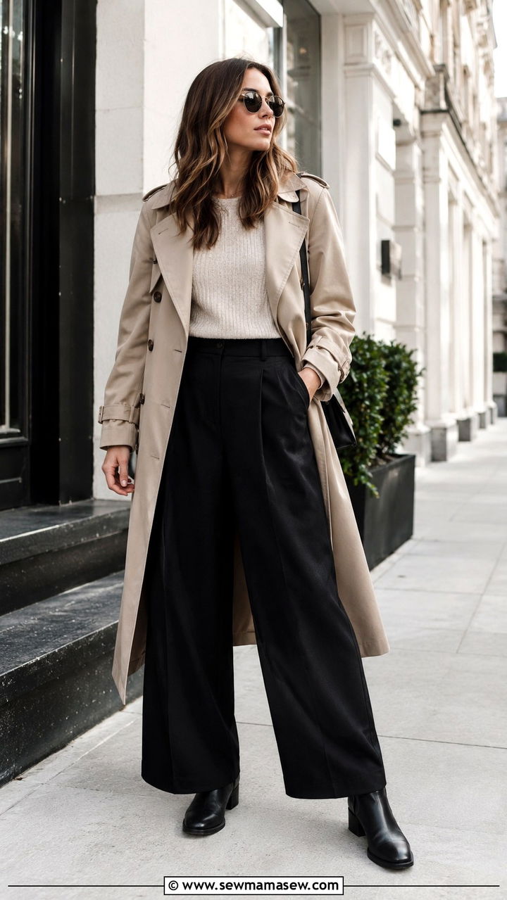 Black Wide Leg Pants with Trench Coat and Ankle Boots - 25 Wide leg black pants outfit ideas with a trench coat