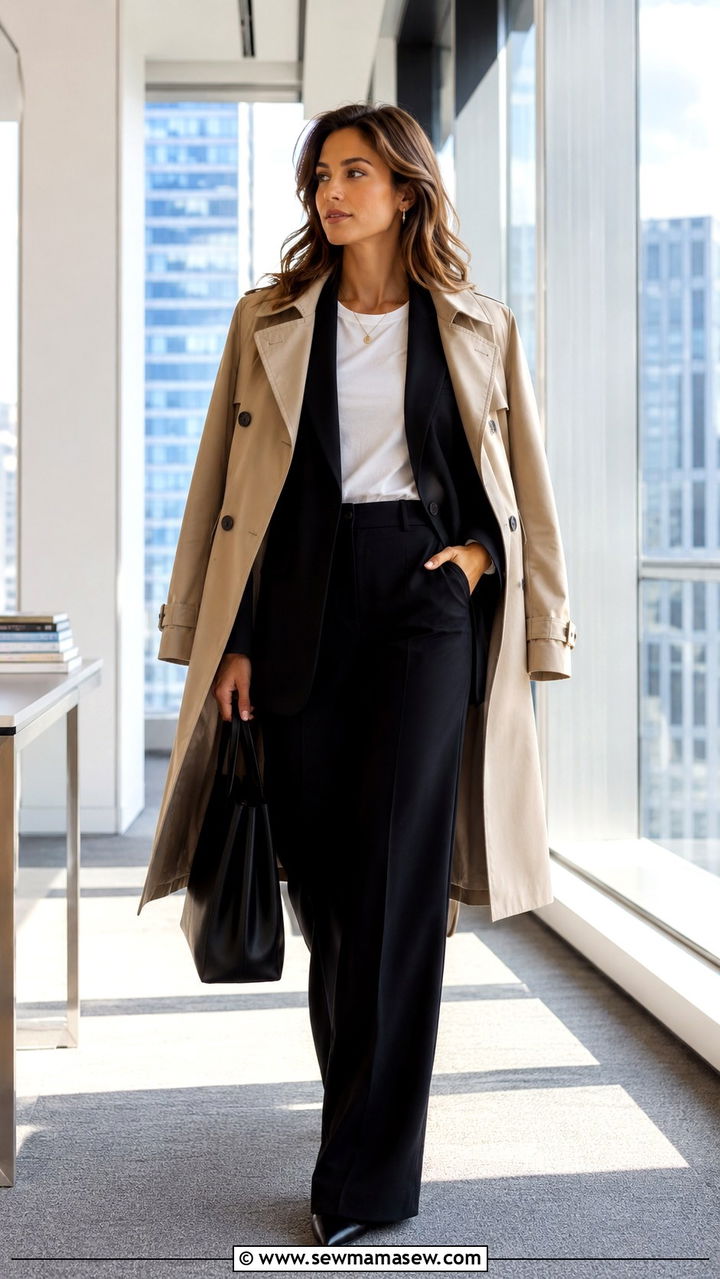 Black Wide Leg Pants with Trench Coat and Blazer Layer - 25 Wide leg black pants outfit ideas with a trench coat