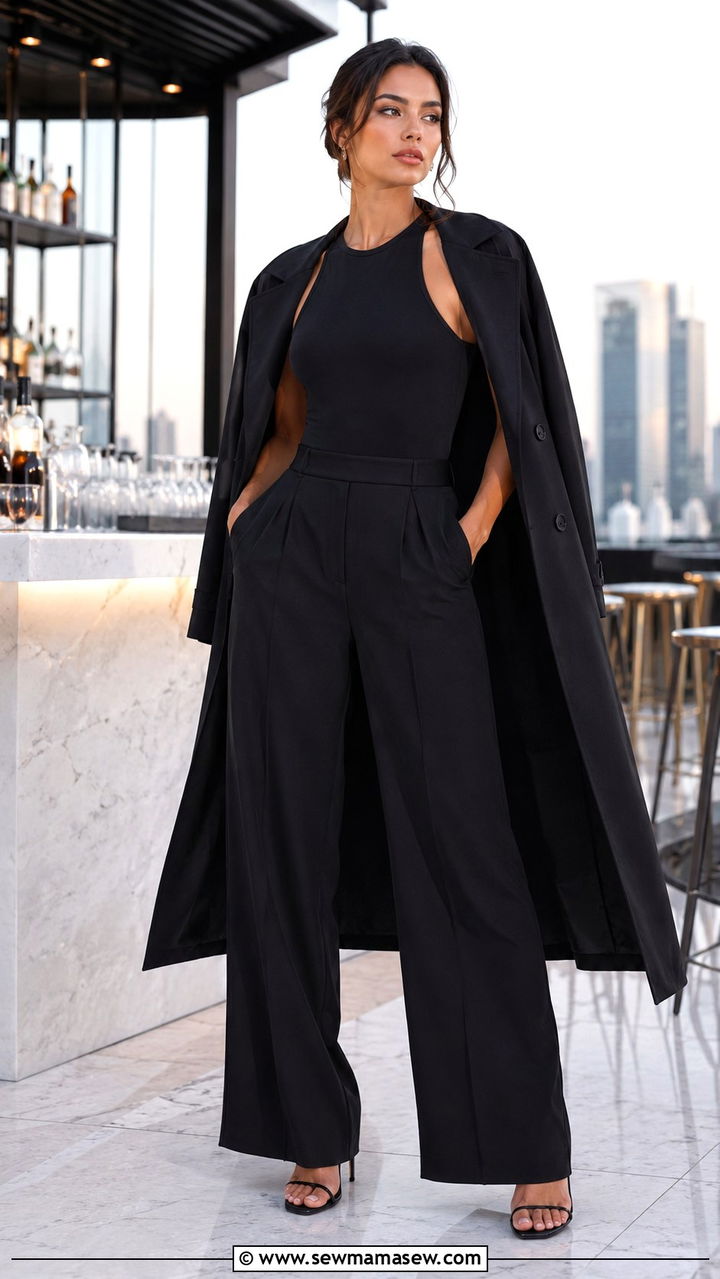 Black Wide Leg Pants with Trench Coat and Bodysuit - 25 Wide leg black pants outfit ideas with a trench coat