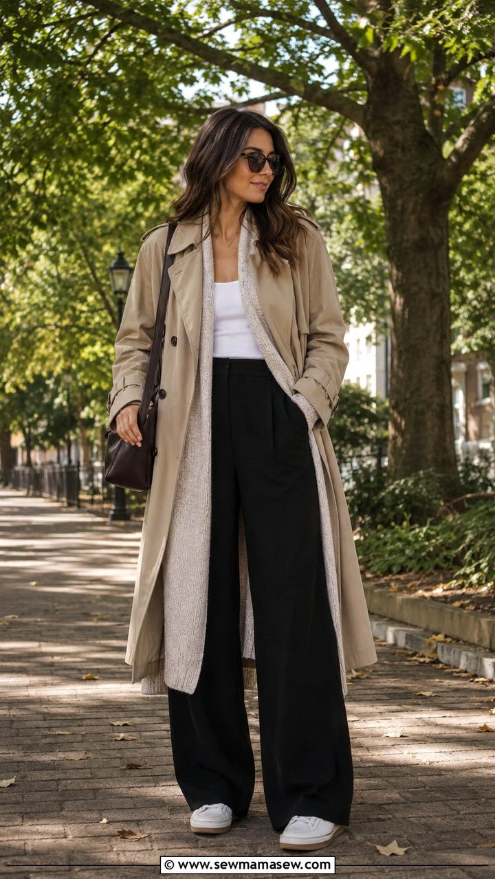 Black Wide Leg Pants with Trench Coat and Cardigan Layer - 25 Wide leg black pants outfit ideas with a trench coat
