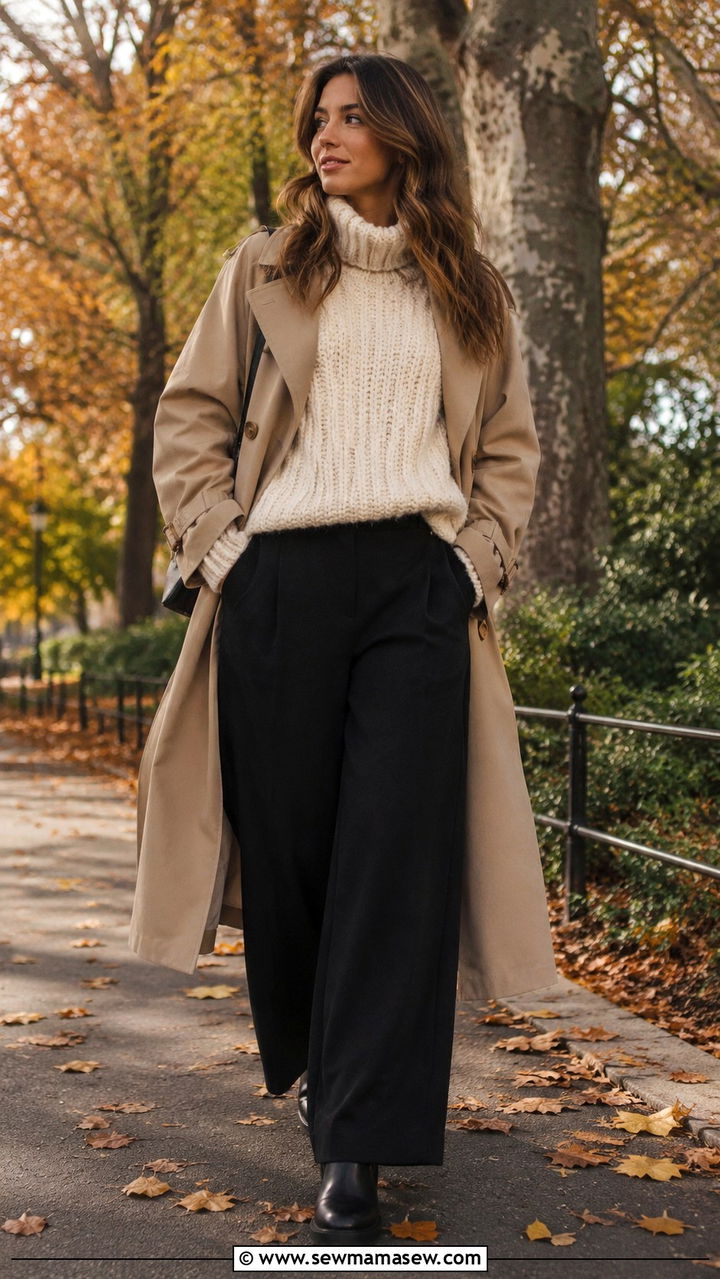 Black Wide Leg Pants with Trench Coat and Chunky Knit Sweater - 25 Wide leg black pants outfit ideas with a trench coat