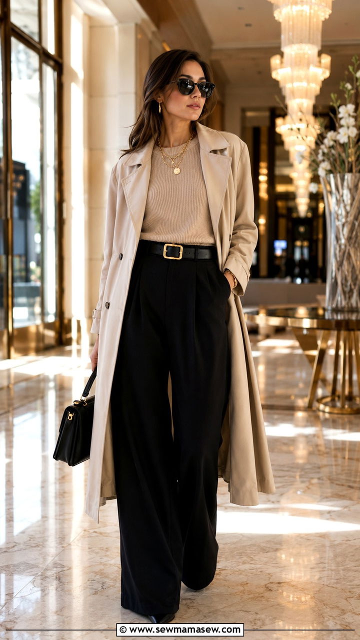 Black Wide Leg Pants with Trench Coat and Gold Accessories - 25 Wide leg black pants outfit ideas with a trench coat