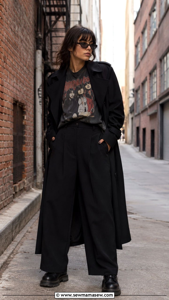 Black Wide Leg Pants with Trench Coat and Graphic Tee - 25 Wide leg black pants outfit ideas with a trench coat