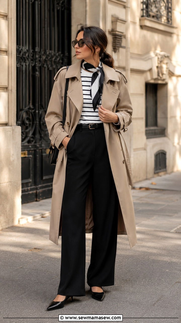 Black Wide Leg Pants with Trench Coat and Kitten Heel Pumps - 25 Wide leg black pants outfit ideas with heels