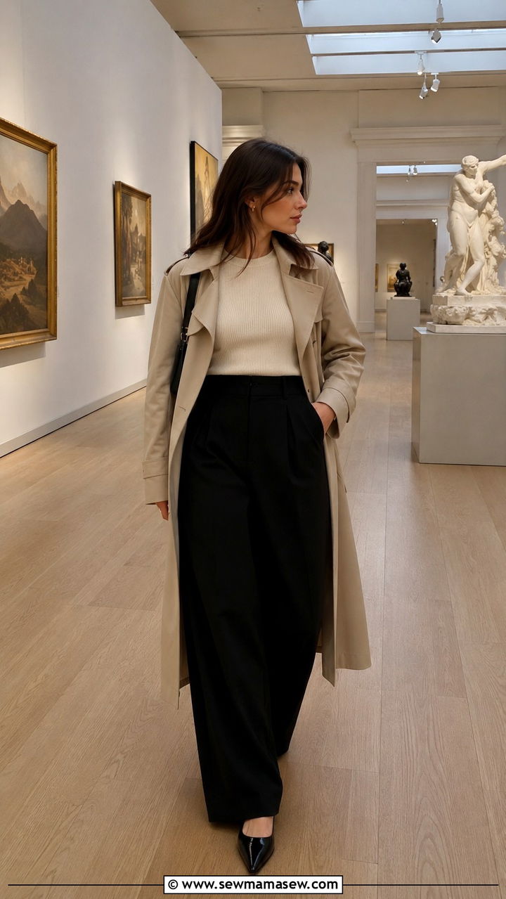 Black Wide Leg Pants with Trench Coat and Pointed Flats - 25 Wide leg black pants outfit ideas with a trench coat
