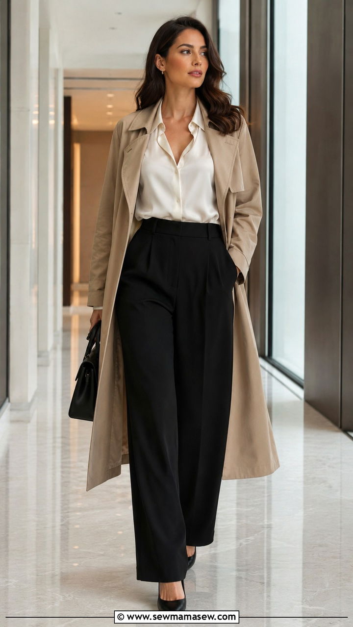 Black Wide Leg Pants with Trench Coat and Silk Blouse for Work - 25 Wide leg black pants outfit ideas with a trench coat