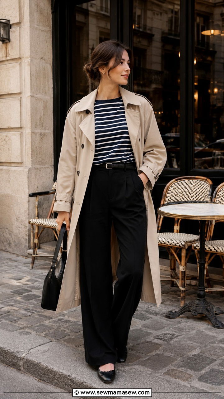 Black Wide Leg Pants with Trench Coat and Striped Top - 25 Wide leg black pants outfit ideas with a trench coat