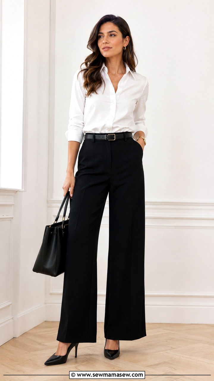 Black Wide Leg Pants with White Button Down Shirt and Pointed Toe Pumps - 25 Wide leg black pants outfit ideas with heels