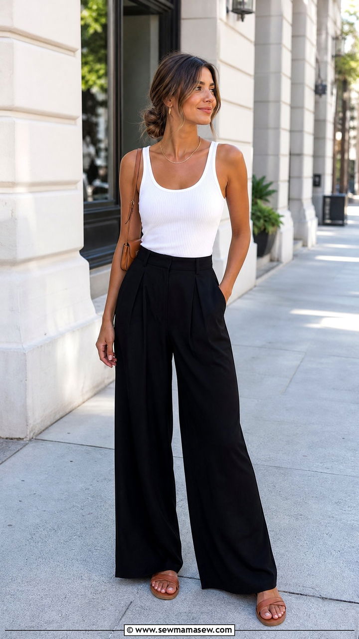Black Wide Leg Pants with White Ribbed Tank and Sandals - 25 Wide leg black pants outfit ideas with a tank top