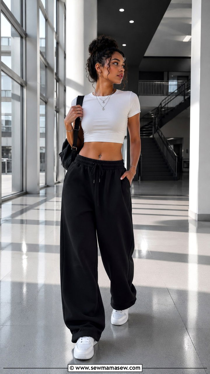 Black Wide Leg Sweatpants With White Crop Top And White Sneakers - 30 School outfit ideas with sweatpants