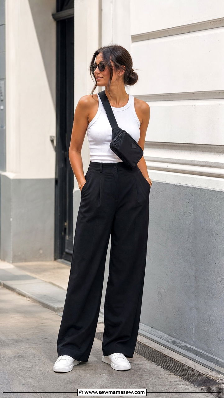 Black Wide Leg Trousers And Trainers - 30 Summer outfits with trousers