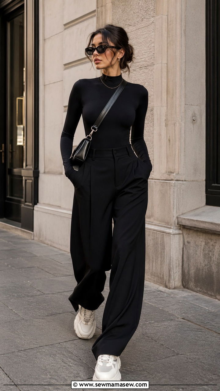 Black Wide Leg Trousers With Chunky Sneakers - 25 Wide leg trousers outfit ideas with sneakers