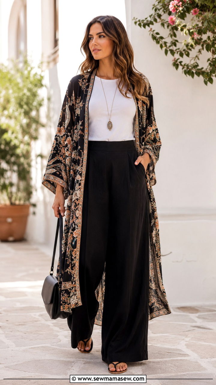 Black Wide Leg Trousers With Long Kimono Jacket - 30 Modest outfit ideas with wide leg pants