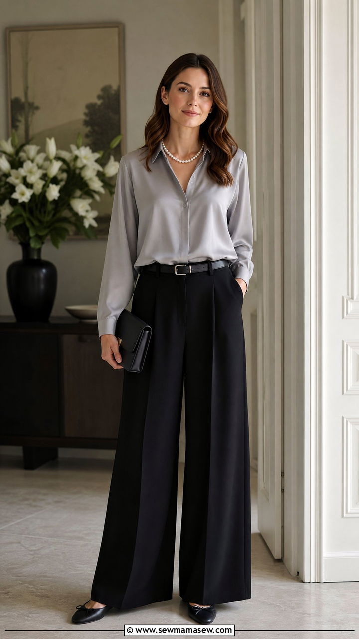 Black Wide Leg Trousers and Blouse - 30 Memorial service outfit ideas