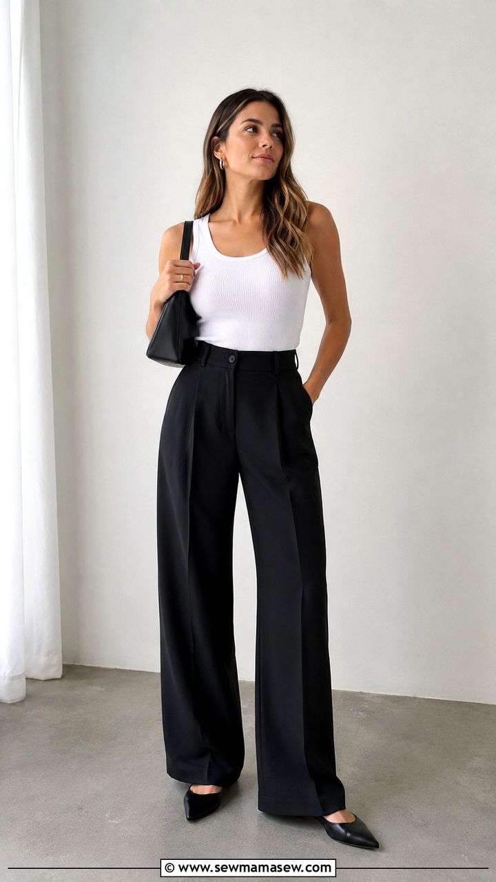 Black Wide Leg Trousers with a White Tank Top - 25 Wide leg trousers outfit ideas with a tank top