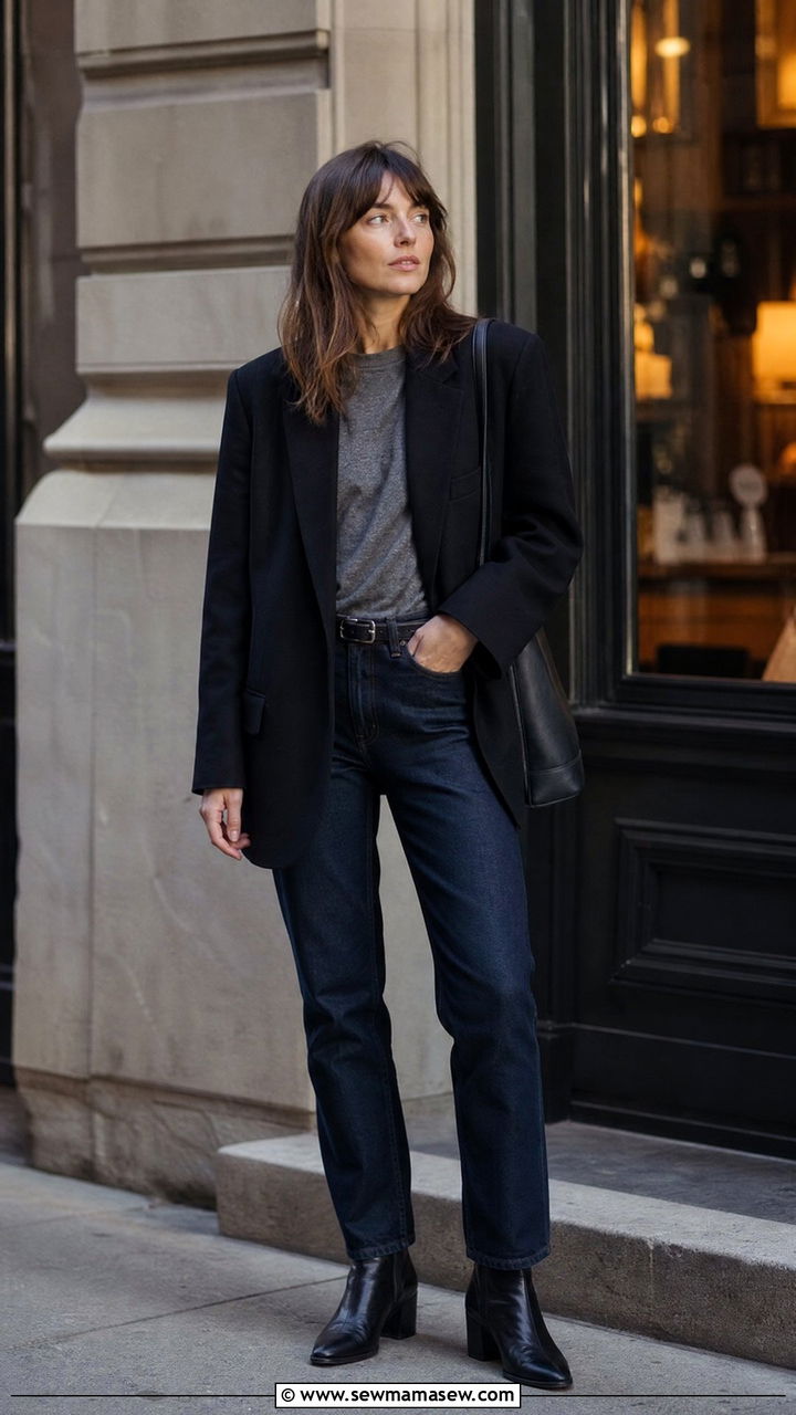 Black Wool Blazer and Dark Denim - 30 minimalist outfit ideas for women