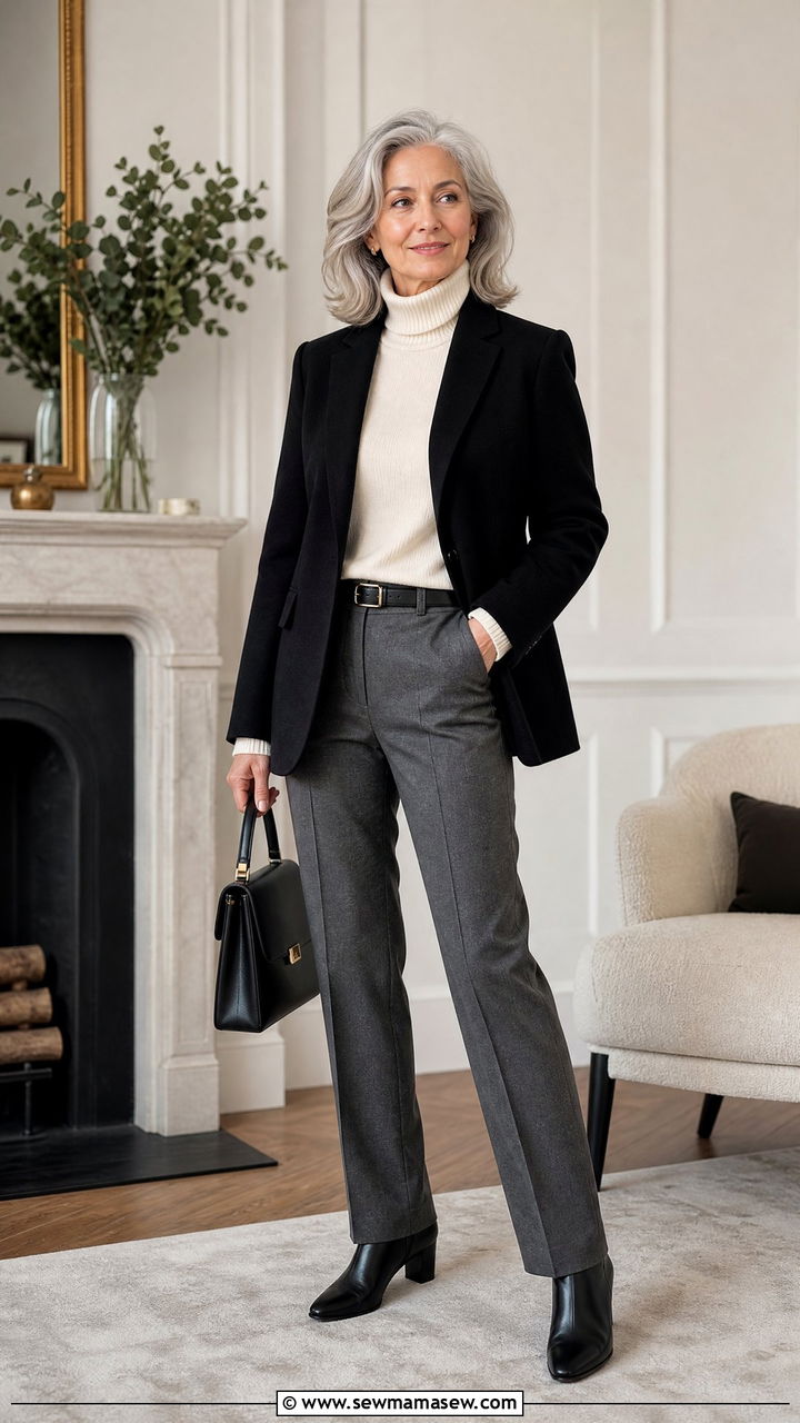 Black Wool Blazer with Cashmere Turtleneck - 25 How to style a blazer over 50