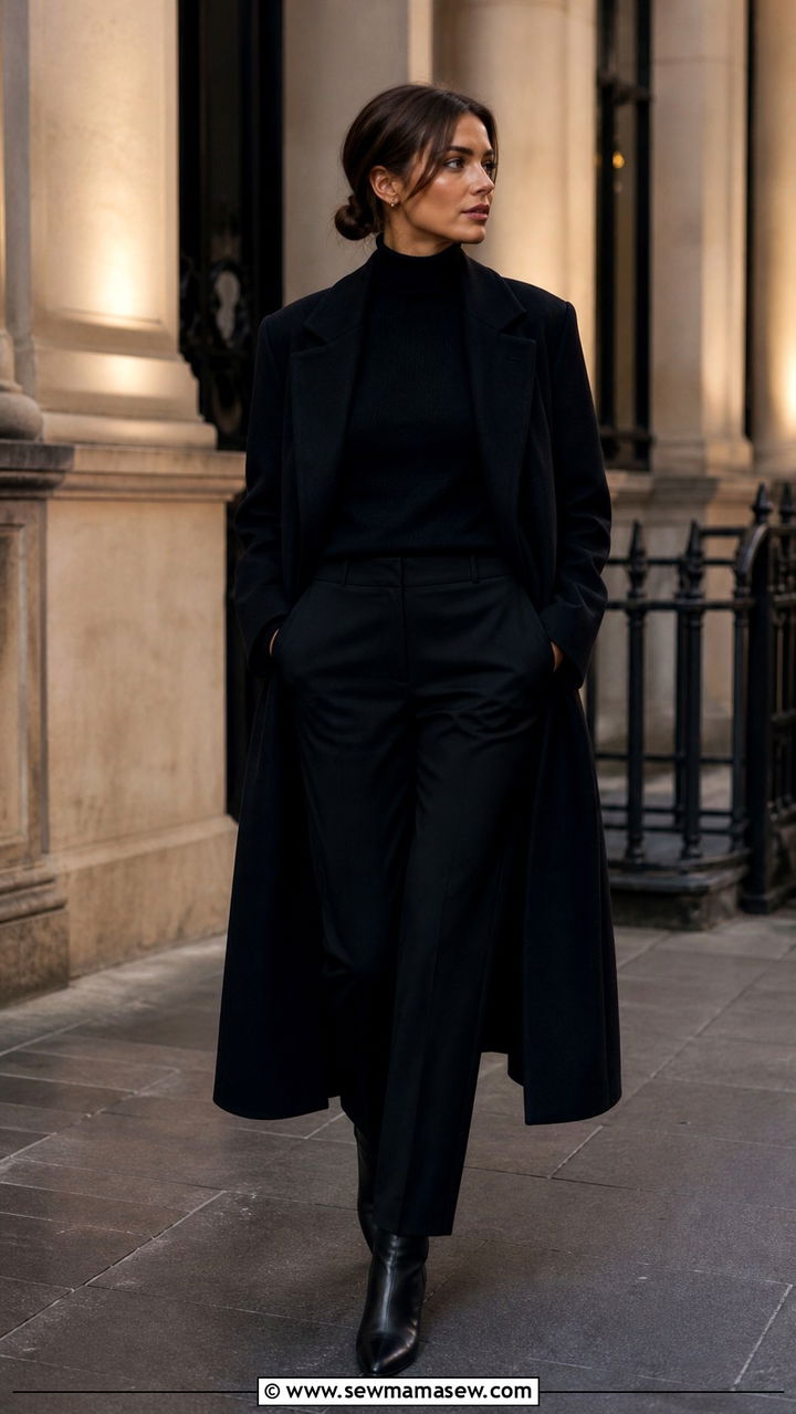 Black Wool Coat Over All Black Ensemble - 40 old money outfits for women