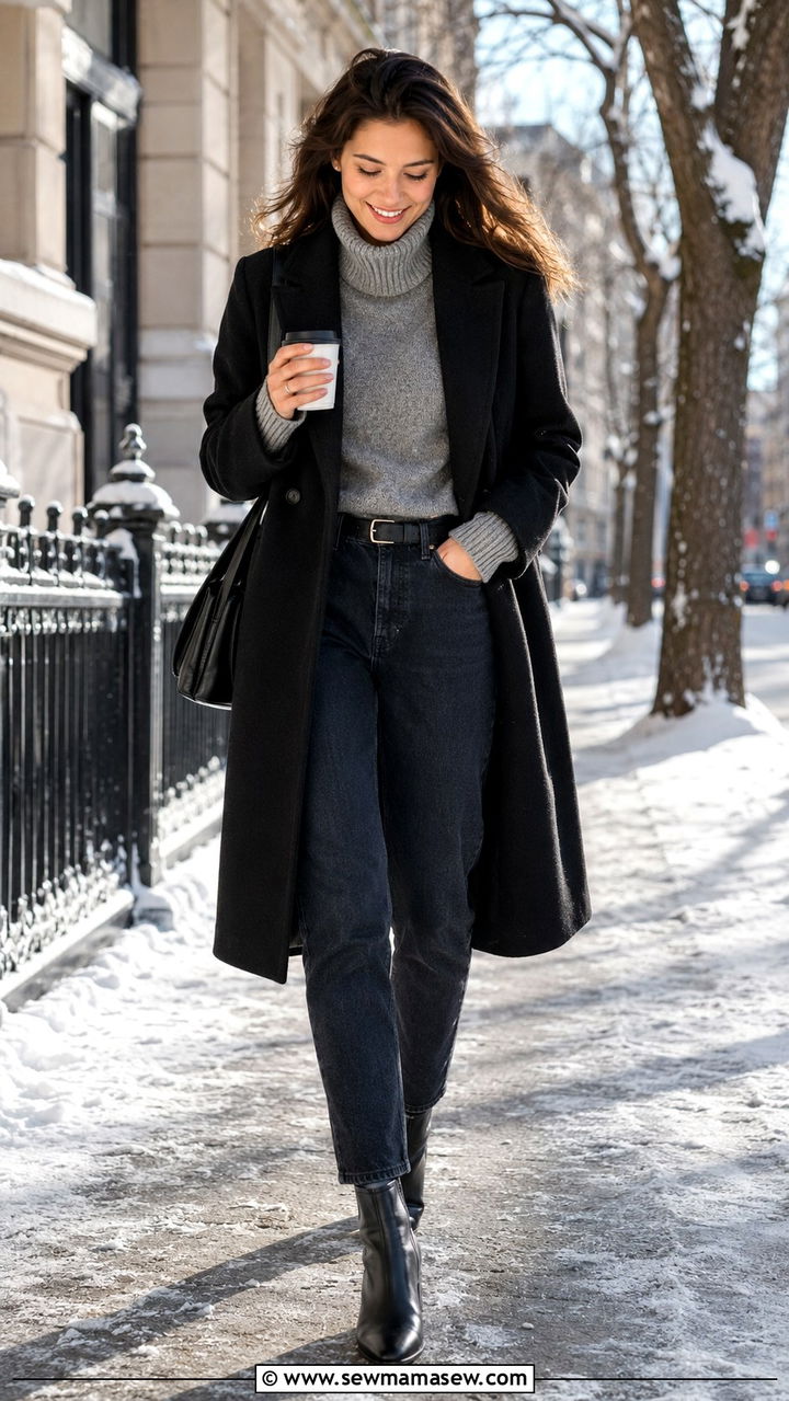 Black Wool Coat With Grey Cashmere Sweater And Dark Denim - 30 Quiet luxury capsule wardrobe