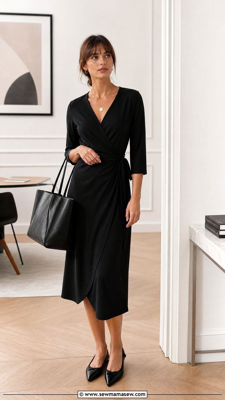 Black Wrap Dress With Pointed Flats - 30 French girl outfit ideas for work