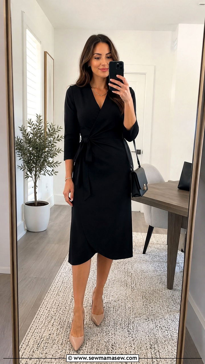 Black Wrap Dress with Nude Pointed Toe Pumps - 30 job interview outfits for women over 40