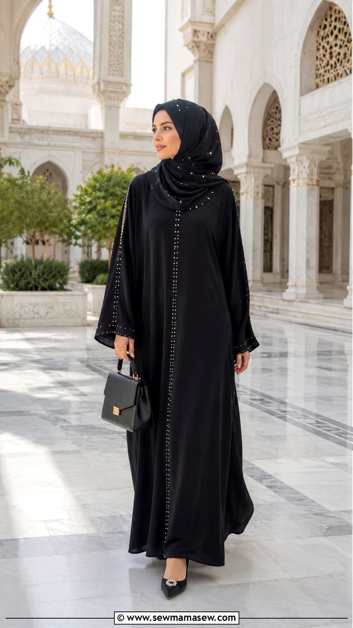 Black abaya with pearl detailing and matching hijab - 20 Modest outfit ideas for mosque visit