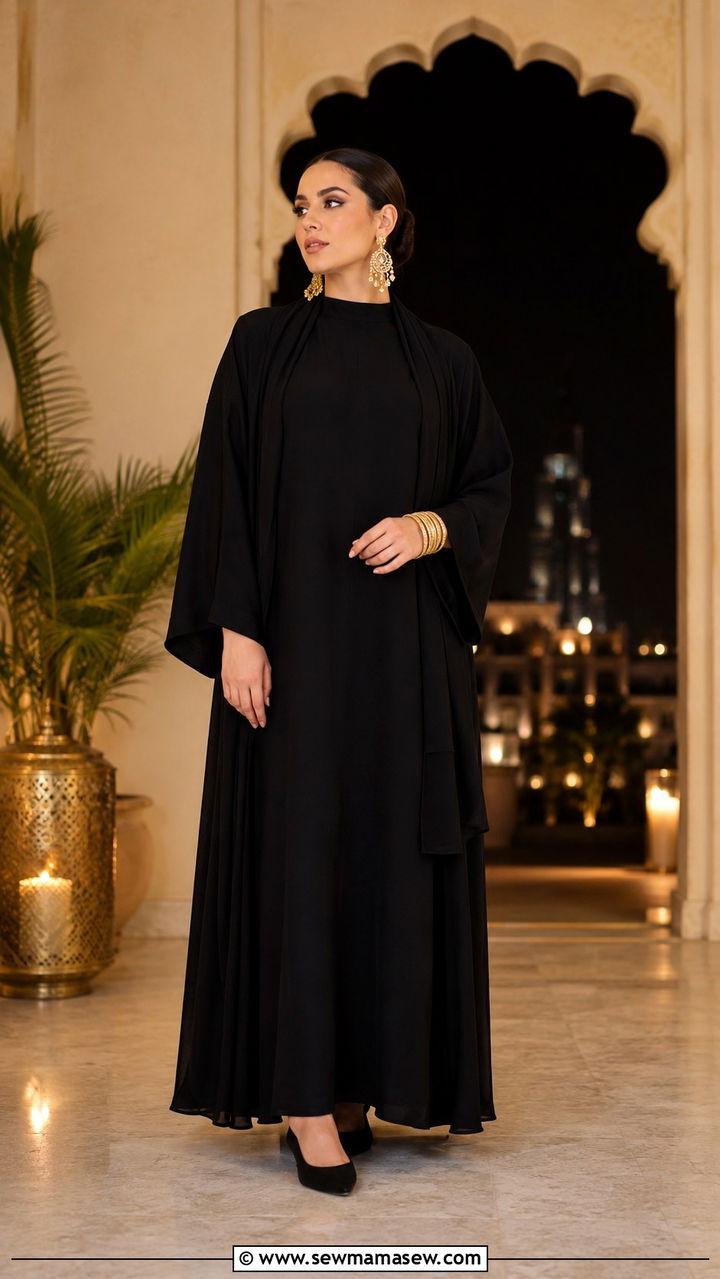 Black abaya with statement jewelry - 30 Modest outfit ideas for Ramadan