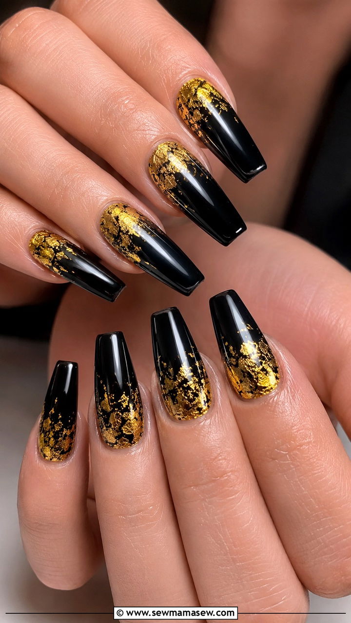 Black and Gold Foil Gel Nails - 50 gel polish
