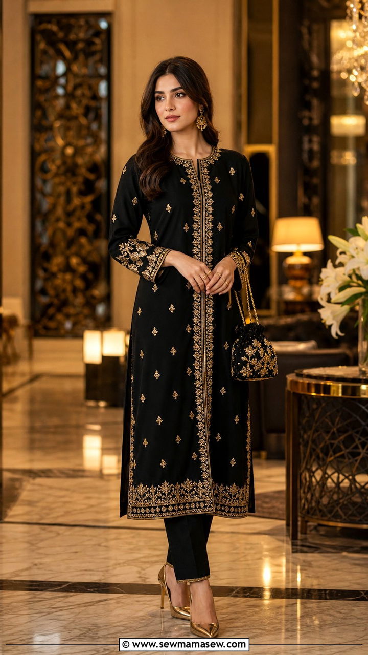 Black and Gold Kurta Set with Cigarette Pants - 25 Eid outfit ideas Pakistani
