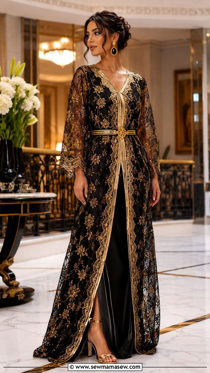 Black and Gold Lace Kaftan with Statement Heels - 25 Wedding guest outfit ideas Moroccan wedding