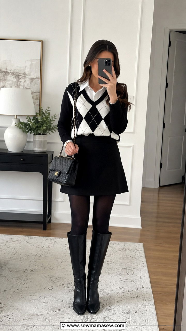 Black and White Argyle Sweater with A Line Skirt - 25 Old money outfit ideas with argyle sweater