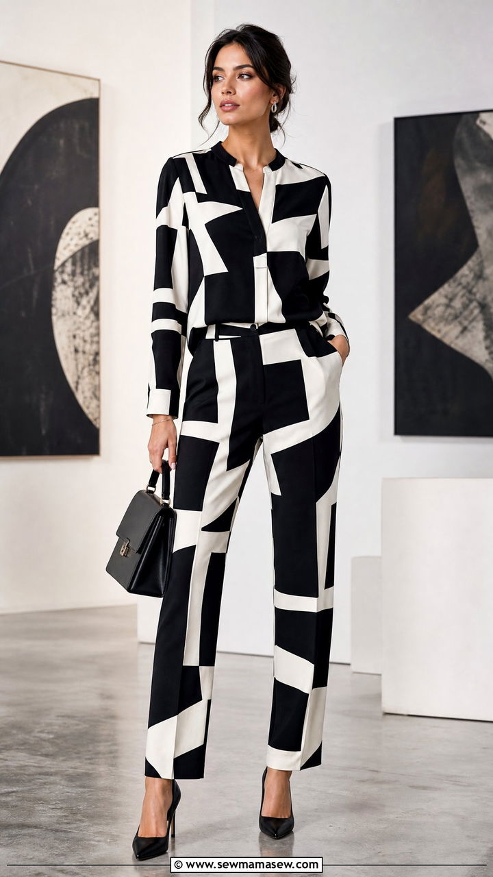 Black and White Geometric Print Matching Set - 30 Matching set outfit ideas for work