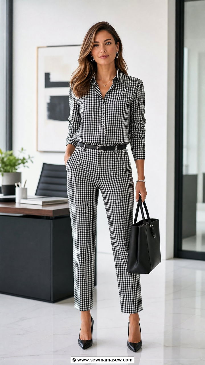 Black and White Gingham Button Down Shirt and Trousers - 25 Matching set outfit ideas gingham