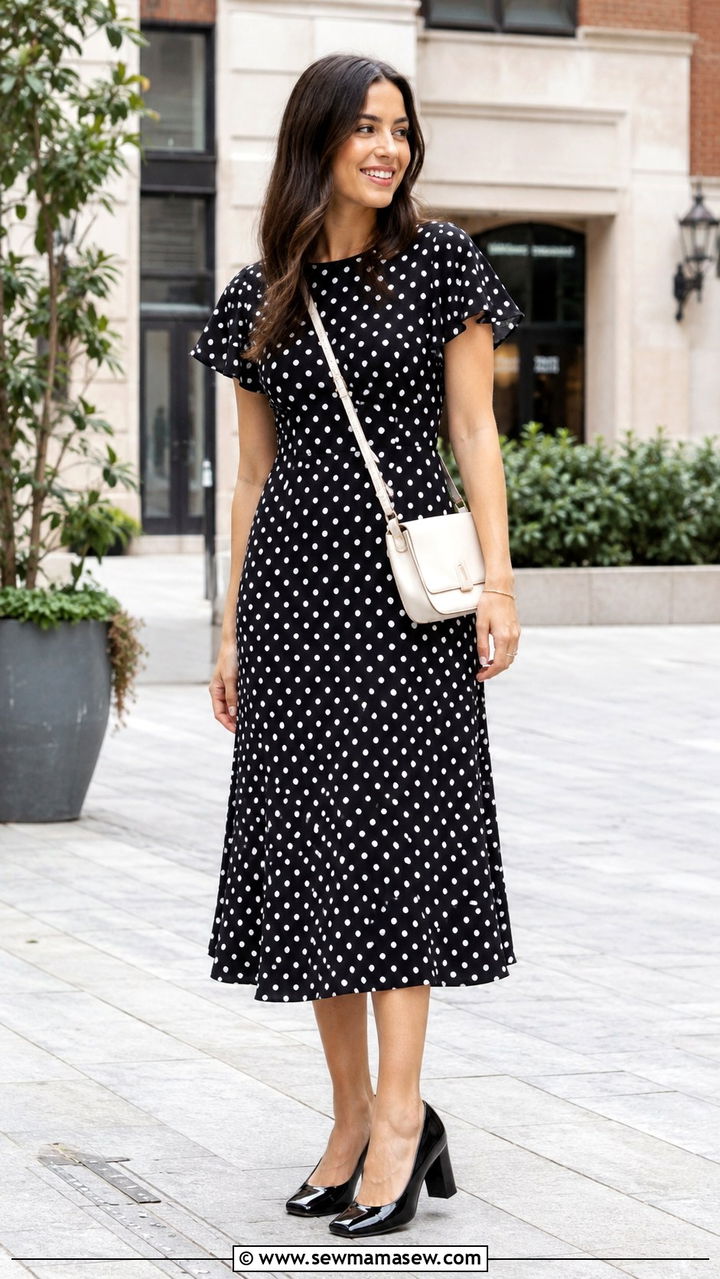 Black and White Polka Dot Midi Dress - 30 modest summer wedding guest outfit ideas