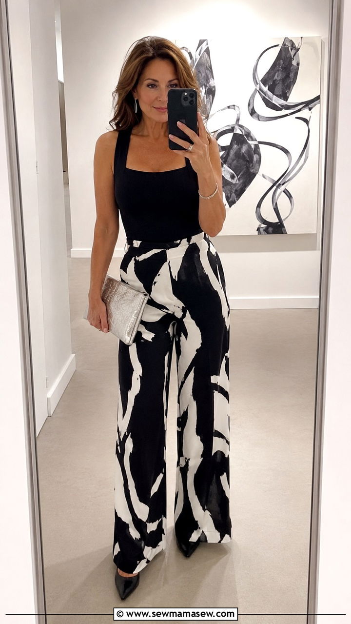 Black and White Printed Palazzo Pants and a Black Bodysuit - 25 palazzo pants outfits for women over 40