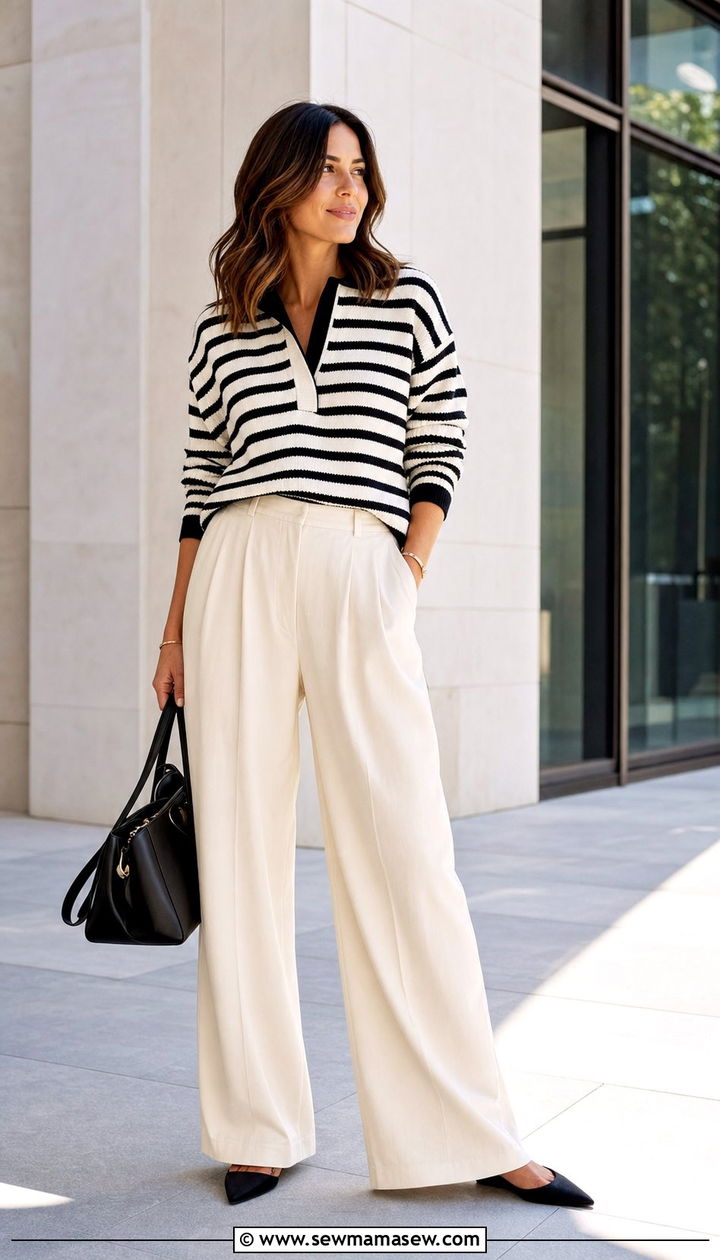 Black and White Striped Knit with Wide Leg Cream Trousers - 25 Spring uniform outfit ideas