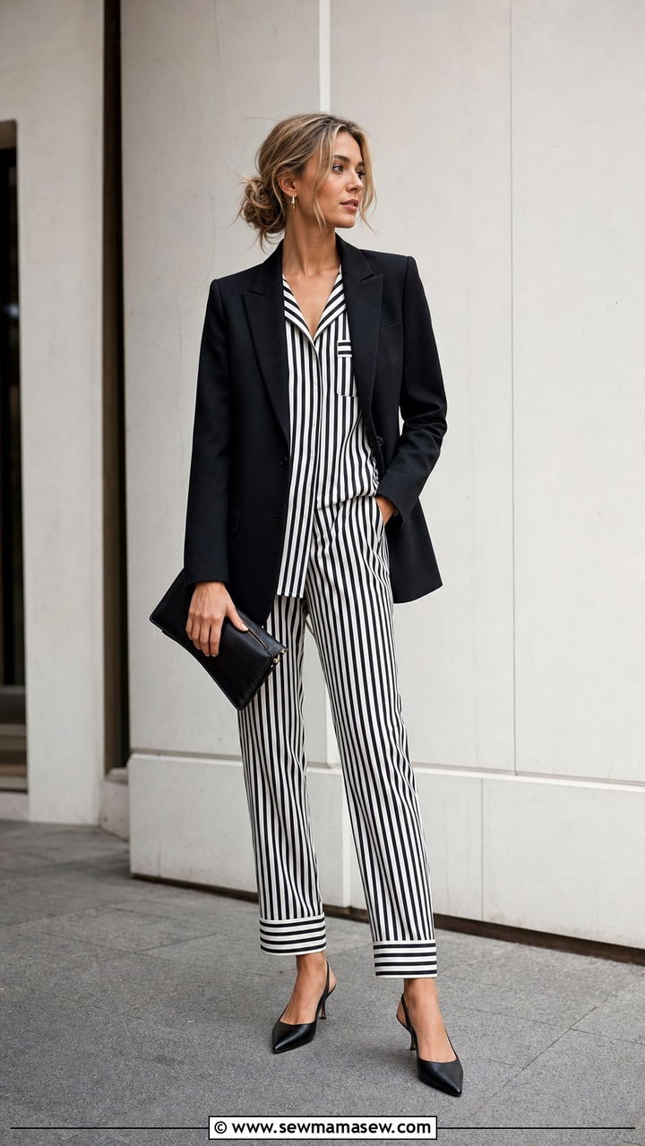Black and White Striped Pajama Set With Blazer - 25 Striped pajama set outfit ideas
