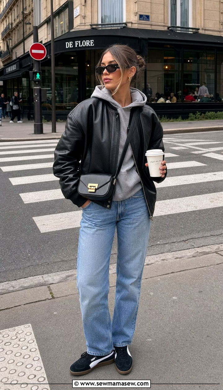 Black and white Palermo with leather bomber jacket and grey hoodie - 25 Sporty chic outfit ideas with Puma Palermo