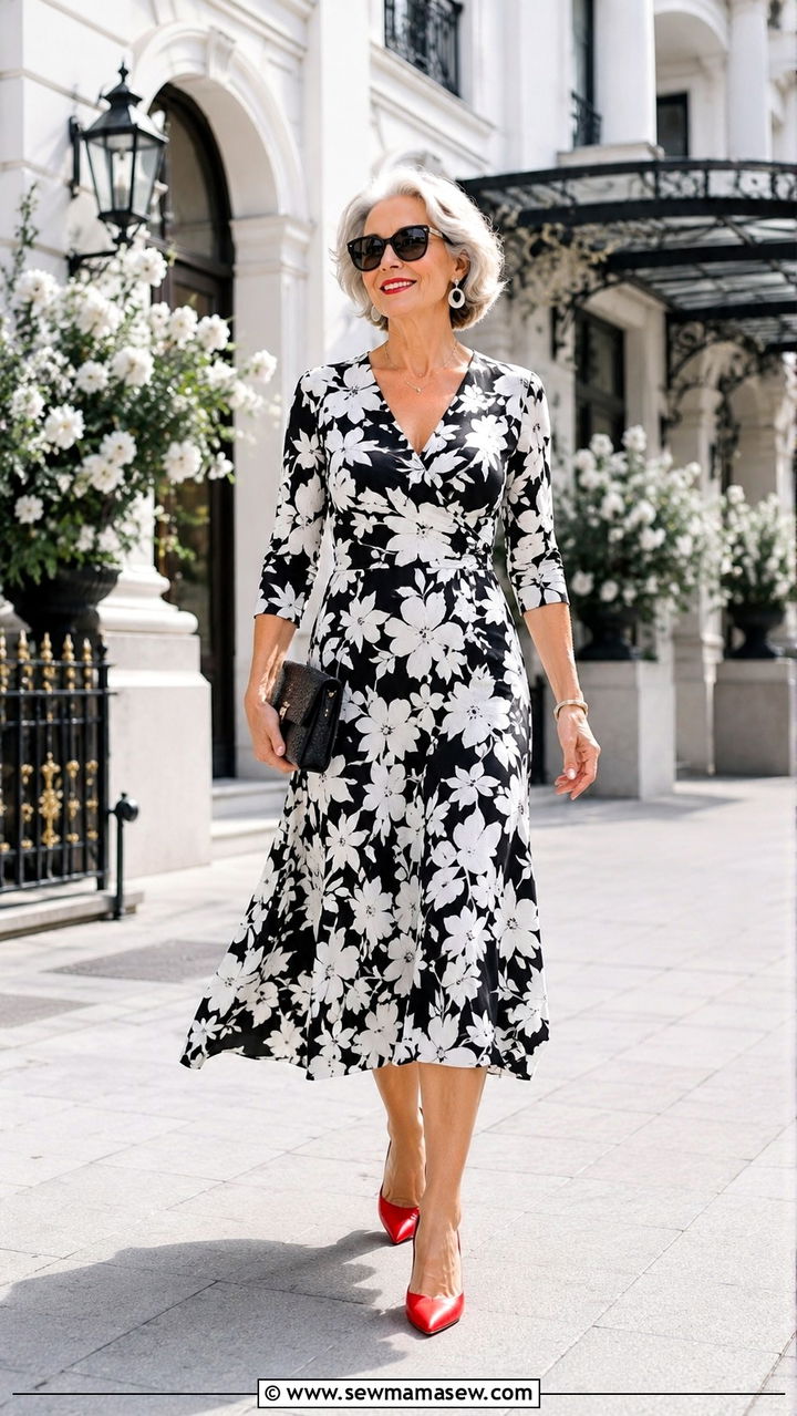 Black and white floral dress with red heels - 25 Wedding guest outfit ideas for 60 year old
