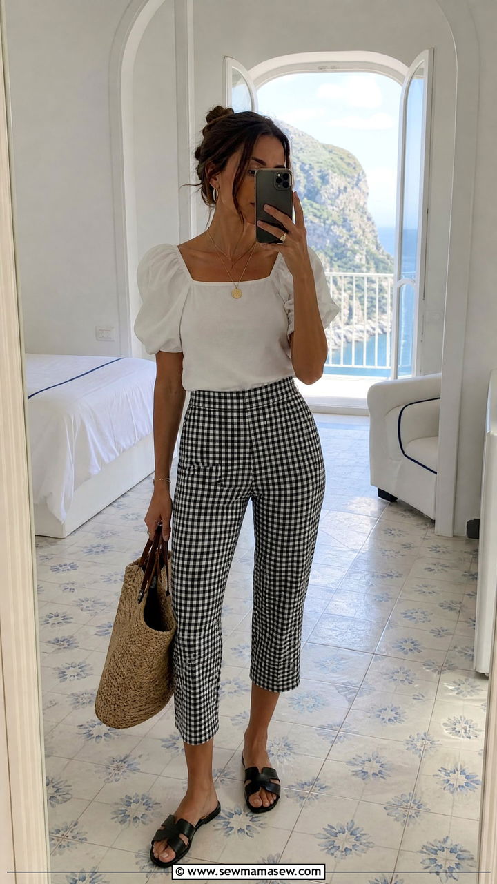 Black and white gingham capri pants with a puff sleeve white top - 25 Capri vacation outfit ideas