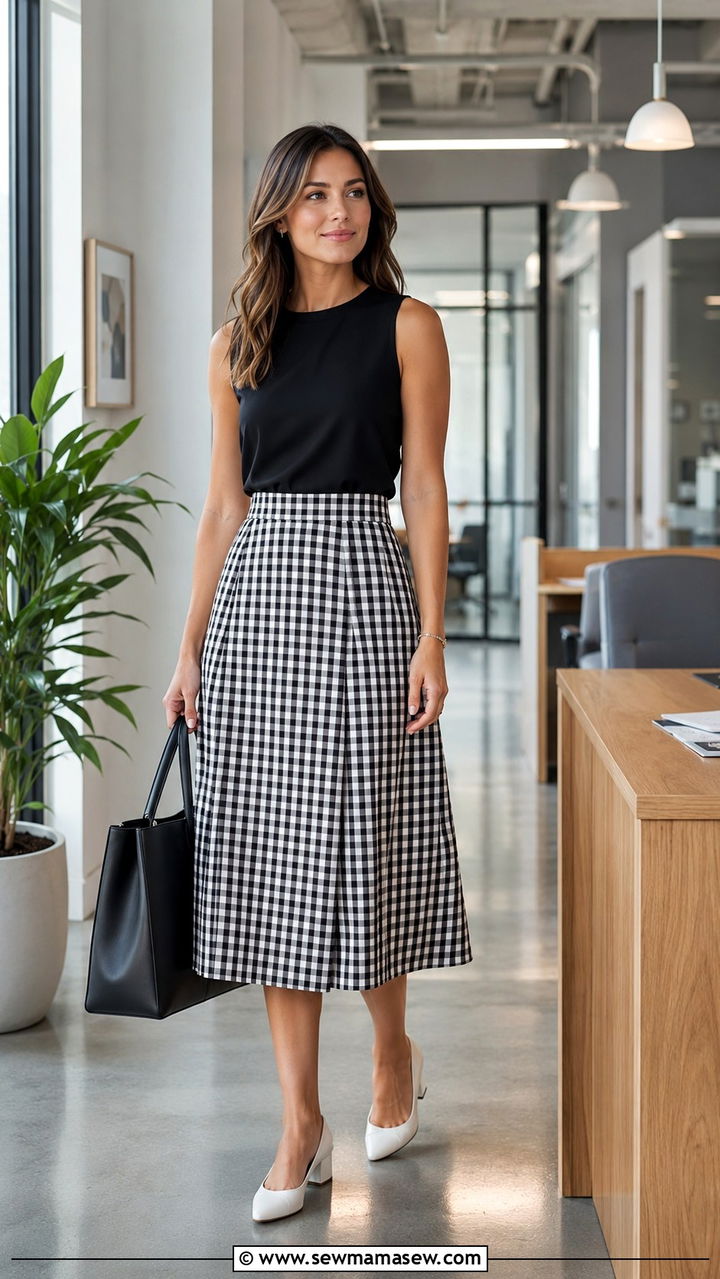 Black and white gingham midi skirt with a crisp black shell top and white low block heels - 25 Petite work outfit ideas with skirt