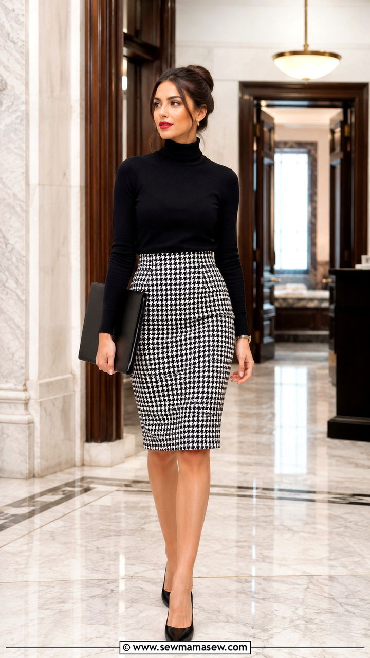 Black and white houndstooth skirt with black turtleneck and pumps - 30 Legal intern outfit ideas