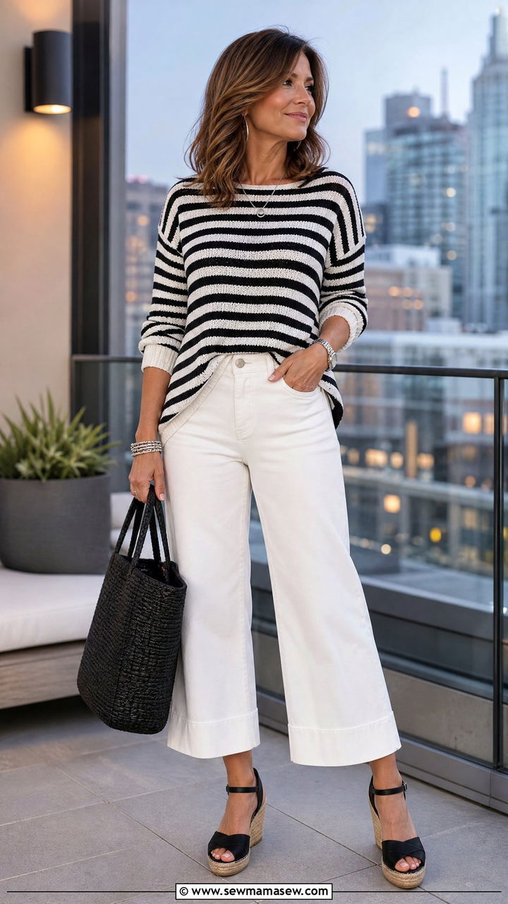 Black and white striped top with white jeans - 30 summer white jeans outfit ideas